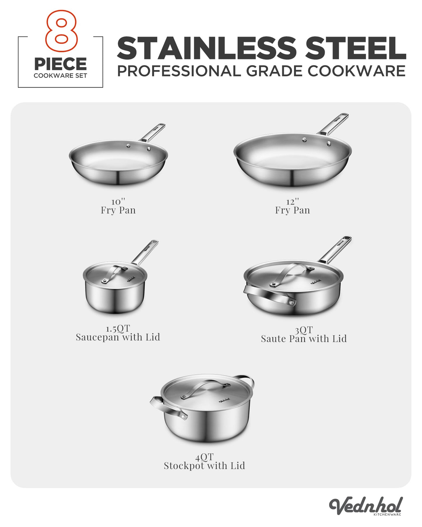 Stainless Steel Cookware Set, 8 Pcs Tir-Ply Pots and Pans Set, PFOA&PTFE Free, Dishwasher&Oven Safe, Kitchen Induction Compatible, ollas de acero inoxidable para cocinar