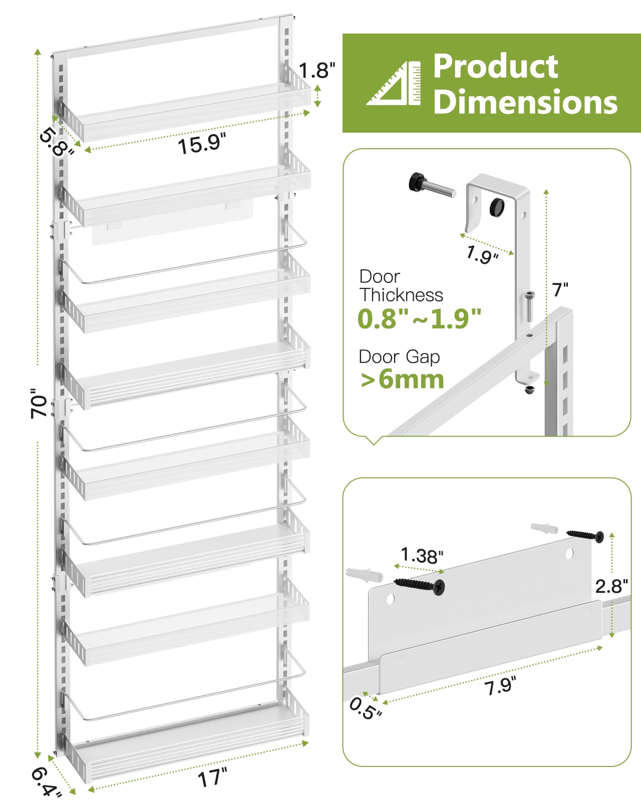 POKIPO Over the Door Pantry Organizer, 8-Tier Large Wall Mounted Storage Spice Rack, 2 in 1 Heavy-Duty Metal Adjustable Hanging Baskets for Pantry, Bathroom, Kitchen, White