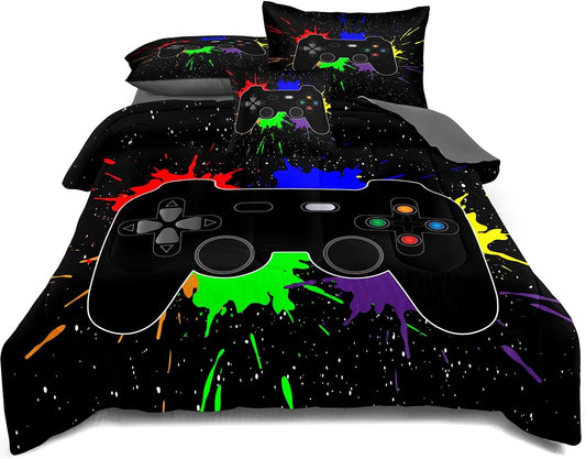 Kids Gaming Bedding Sets, 5 Piece Gamer Comforter Sets for Teens Boys Twin Size for Bedroom Comforter Set Adult 3D Gamepad Microfiber Bedding Sets Fits All Season