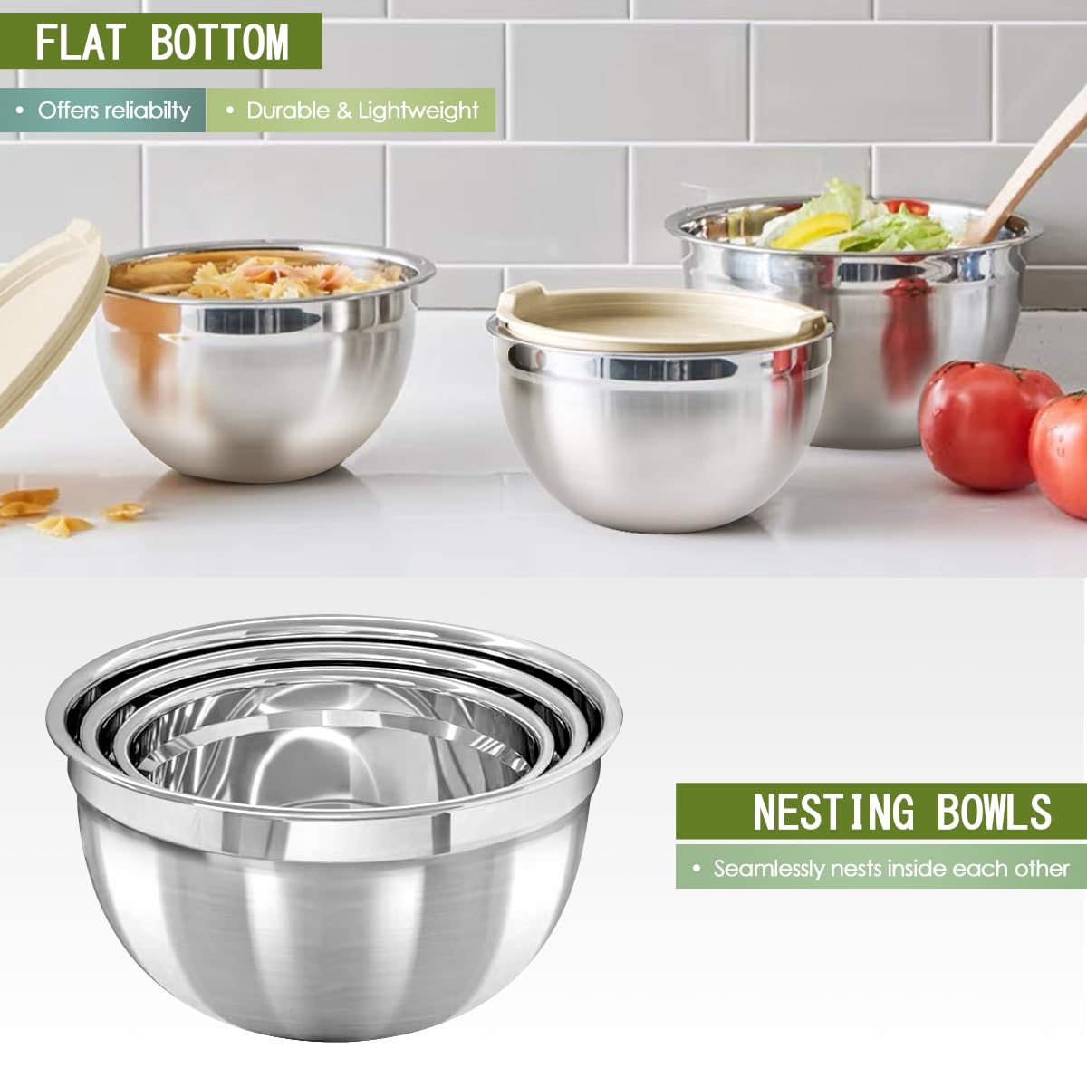 JUJOJB Mixing Bowls With Lids Set,Stainless Steel Mixing Bowls Set With 3 Grater,Metal Nesting Bowls For Kitchen Baking Refrigerator Meal Prep Food Storage Organizer,7 Size(Khaki)
