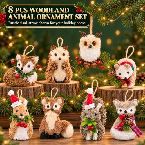 Woodland Animal Christmas Ornaments 8-Piece Set - Sisal Forest Critters for Tree and Wreath