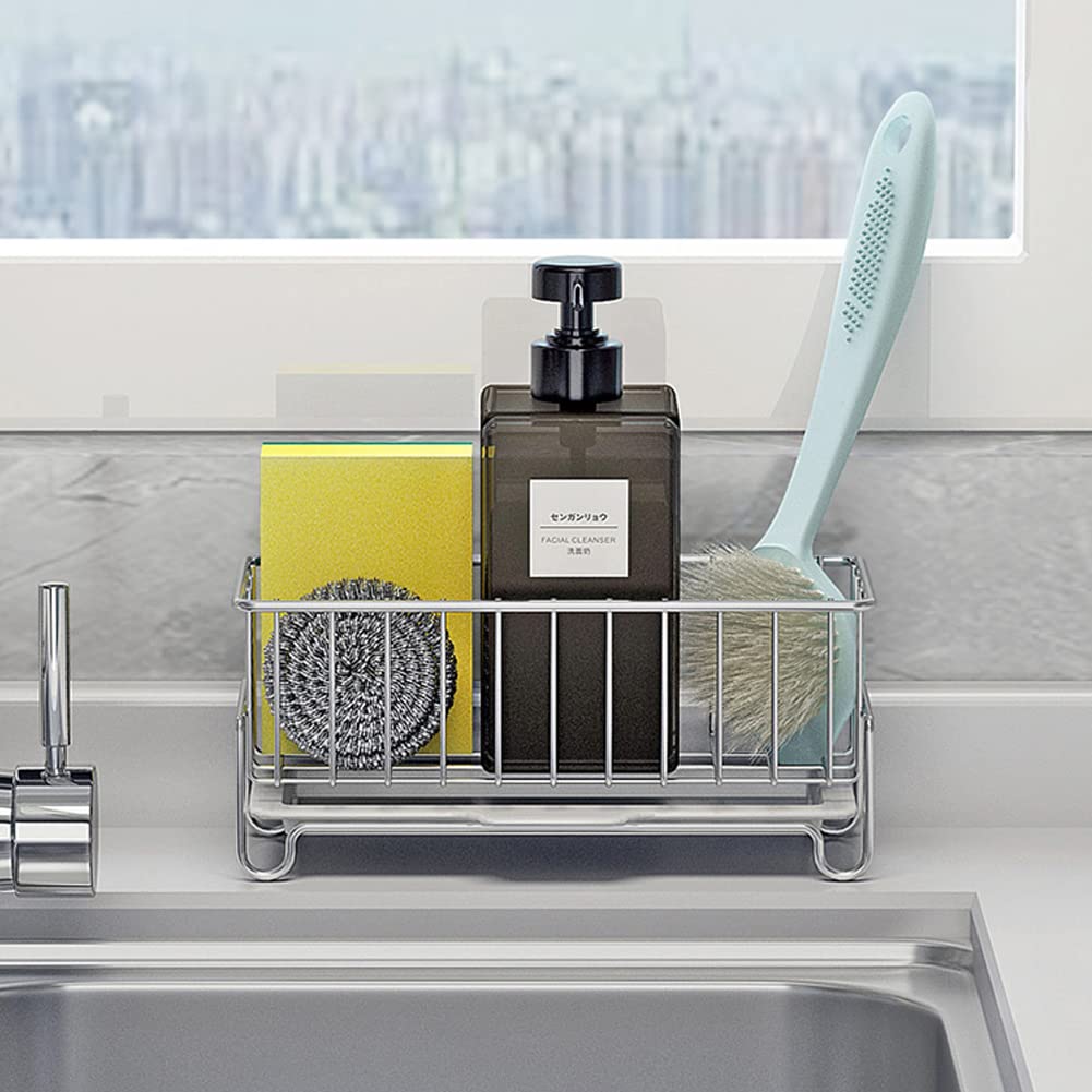 MINGFANITY Kitchen Countertop Sponge Holder, SUS 304 Stainless Steel Dish SoapOrganizer, Basket for Cleaning and Scrub Tool, Kitchen Sink Brush Caddy Holder