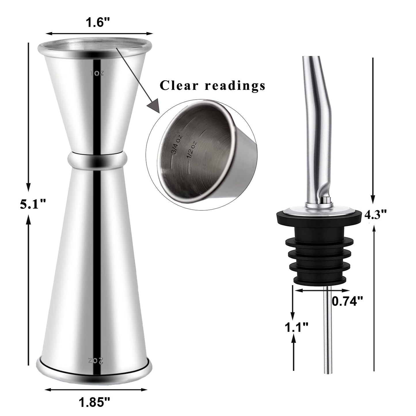 Pafusen Jigger for Bartending with 2 Pourers, Japanese Jiggers with 5 Measurements Inside, Jiggers 2 OZ 1 OZ, Shot Measure Jiggers, Bar jigger Bartender Tool Accessories, (Silver, 1 Jigger+ 2 Pourers)
