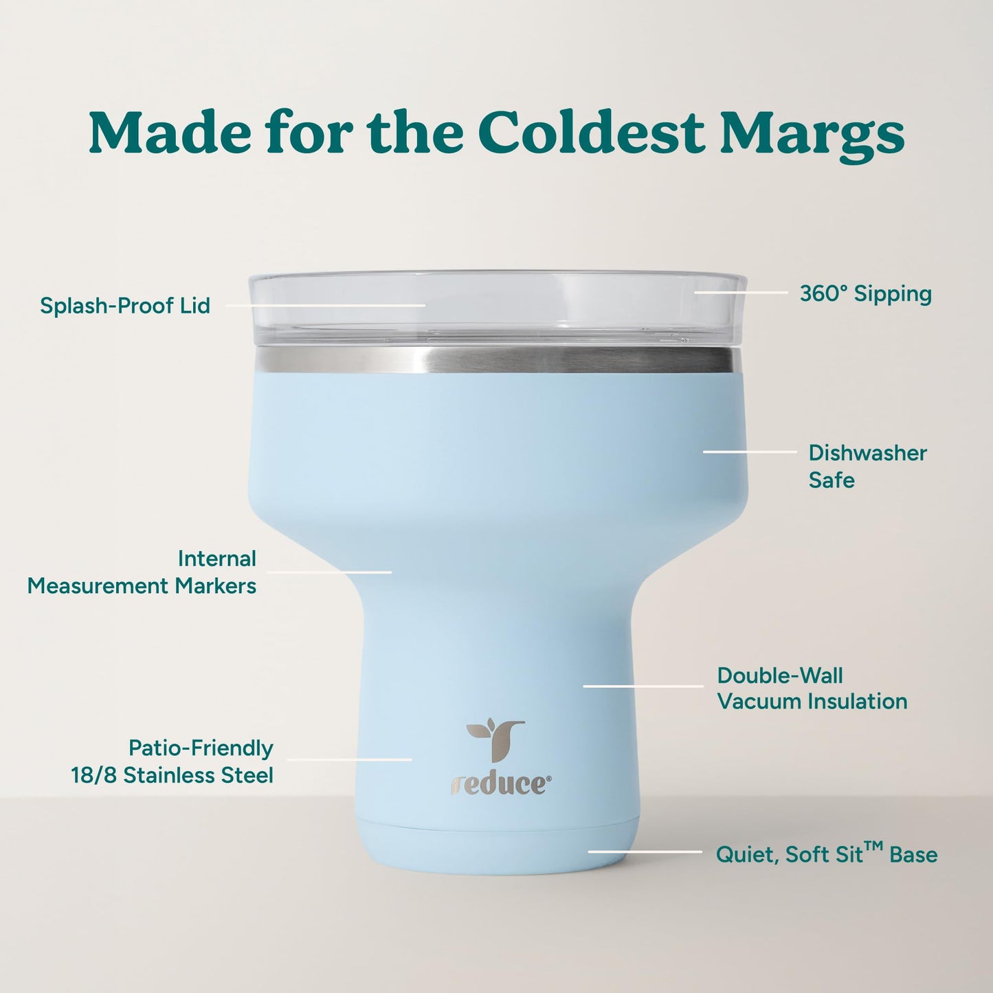 REDUCE Saltini 16 oz Cocktail Tumbler - Insulated Margarita Tumbler with Lid - Keeps Drinks Cold for 10 Hours - 360 Sippable Martini Glass Alternative - Shatterproof, Perfect for Parties - Cloud Blue