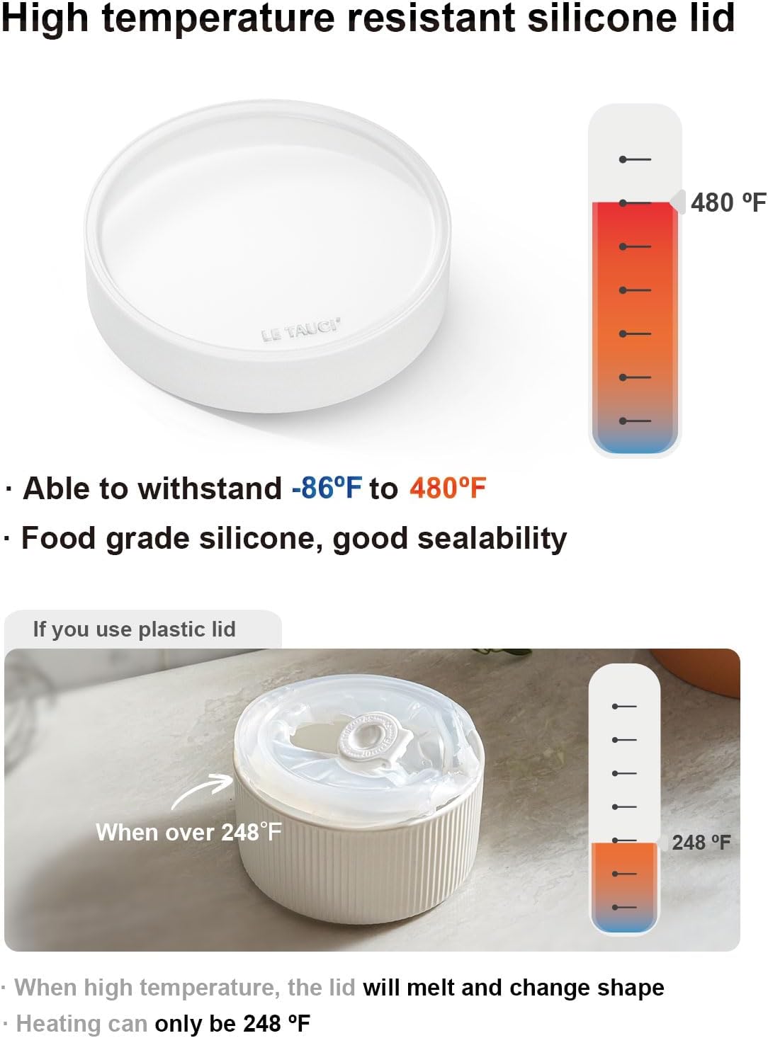 LE TAUCI Ramekins - 8 Oz Ceramic Soufflé Dishes with Silicone Lids | Oven & Microwave Safe, Set of 4, White