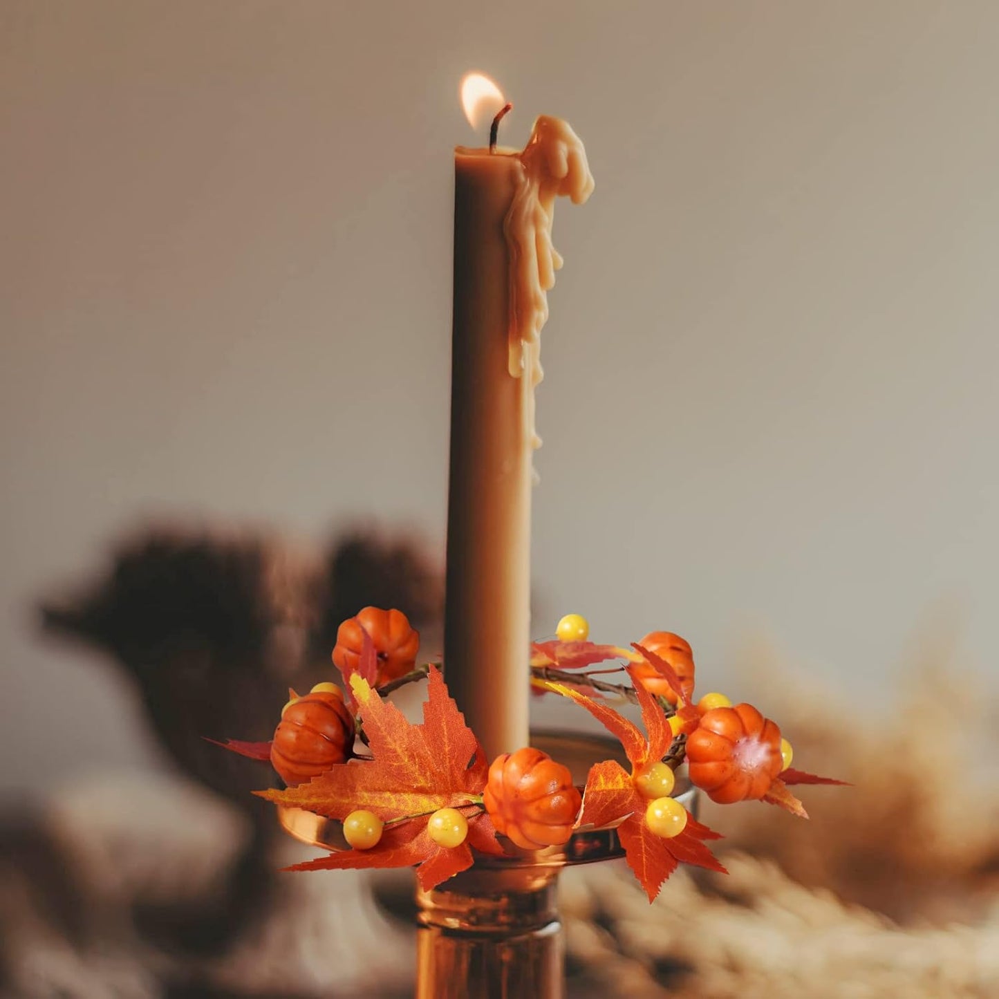 Skiennix Fall Candle Rings - Artificial Pumpkin & Maple Leaf Wreaths for Autumn Decor | 3.1" ID / 7" OD
