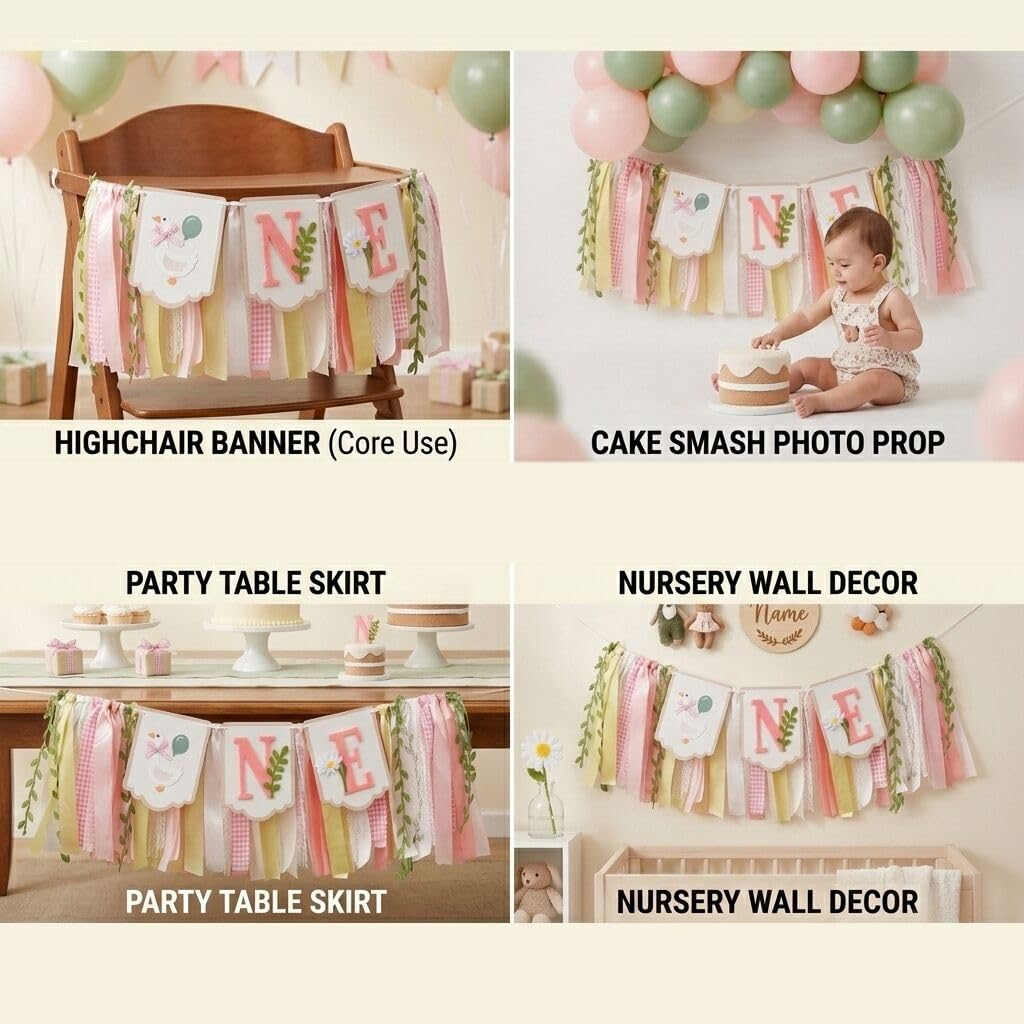 Pre - stung Silly Goose High Chair Banner for Girls1st Birthday - Pink & Gold Baby Girl Cake Smash Cake Smash Props, Premium First Birthday ONE Banner Party Decoration