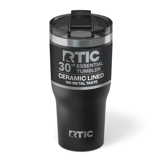 RTIC 30oz Essential Tumbler with Lid, Ceramic Lined, Insulated, Stainless Steel, Metal, Double Wall Vacuum-Insulation, Travel Cup for Iced Coffee, Tea, Hot and Cold Drink, Black