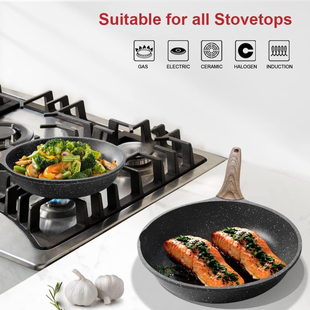 Caannasweis Nonstick Granite Frying Pan Skillet, Non Stick Omelette Fry Pans, Omelet Egg Pan, Stone Cookware Chef's Pan, Induction Compatible, PFOA Free (Gray, 8 Inch with Lid)