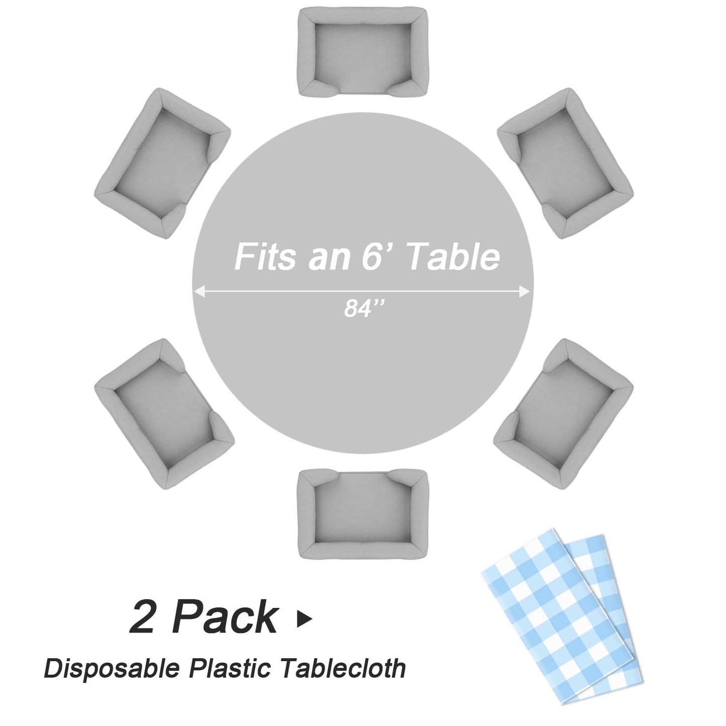 QIKSION Blue Gingham Round Tablecloth 2 Pack, 84 Inch Plastic Checkered Table Cover Disposable for Parties