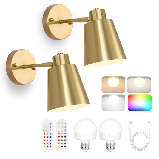 VATONI Battery Operated Wall Sconces Set of 2, Rechargeable Battery Operated Wall Lights Wireless Wall Sconce with Remote Control, Dimmable Wall Sconces Gold Wall Light for Bedroom Bedside LivingRoom