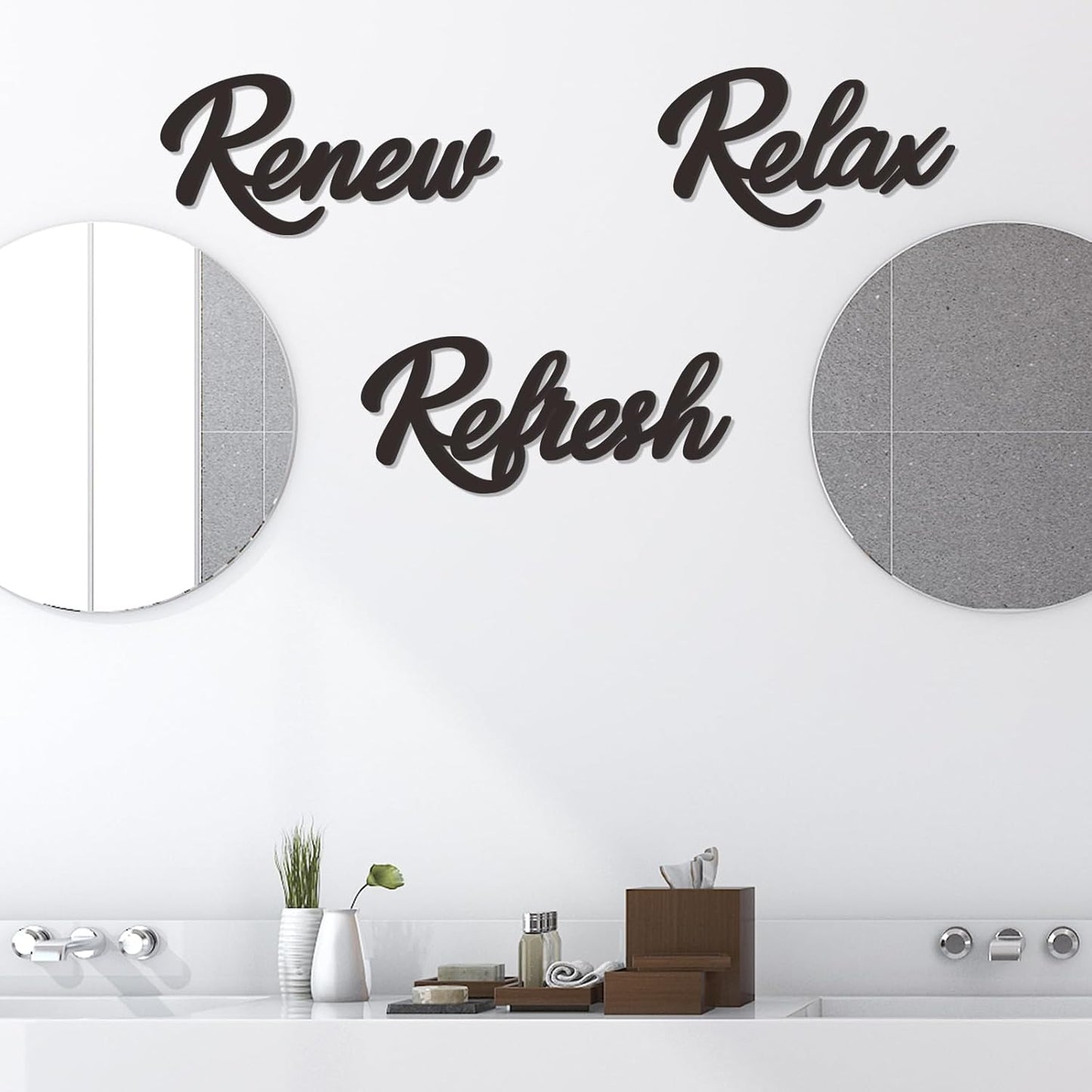 Skiennix Wooden Bathroom Sign Set - Relax, Renew, Refresh | Large Black Decor (3 Pieces)