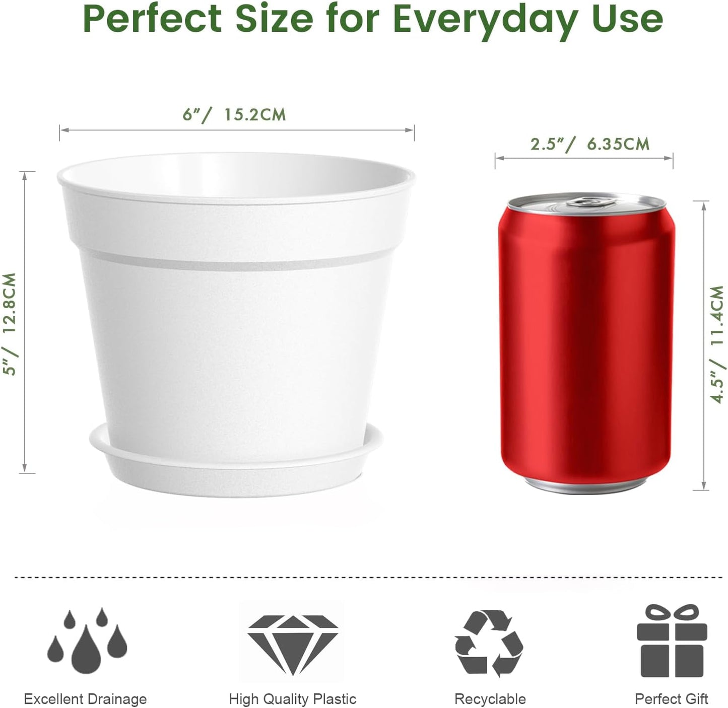 Skiennix 6-Inch Plant Pots - 10 Pack with Drainage & Saucers | Stackable White Plastic Planters for Indoor & Outdoor Use