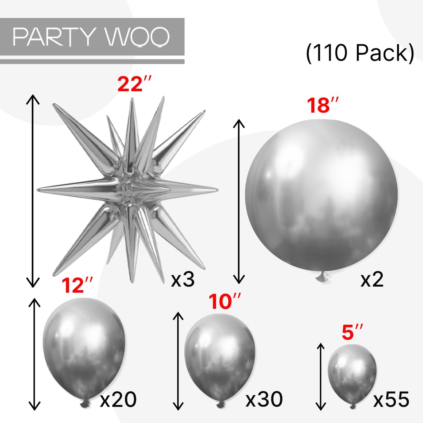 PartyWoo Metallic Silver Star Balloons 110pcs Different Sizes 18 12 10 5 Inch Pack 22 Inch Silver Spike Star Explosion Foil Mylar Balloon Arch Kit for Birthday Party Decorations Silver-G102