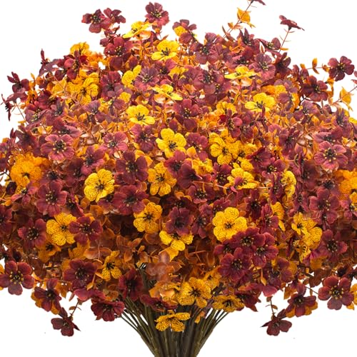 Fall Artificial Mum Flowers with Eucalyptus - 16 Bundles Autumn Faux Decor, UV Resistant for Front Door Porch & Patio - Orange, Yellow & Red