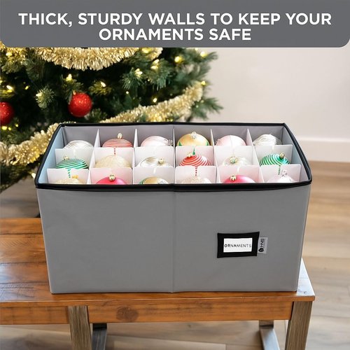 Christmas Ornament Storage Container | Large Organizer Bin with Dividers - Stores Up to 54 Ornaments, Adjustable, Grey