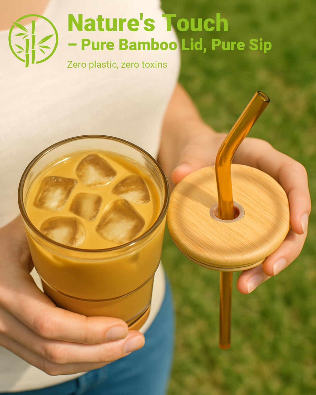 Zukro 13 oz/400ml Glass Cups with Bamboo Lid and Straw, Thick Wall Reusable Glass Tumbler for Iced Coffee, Tea, Matcha, Water Glasses for Home, Office, Non-Slip & BPA Free, Amber & Shrimmer
