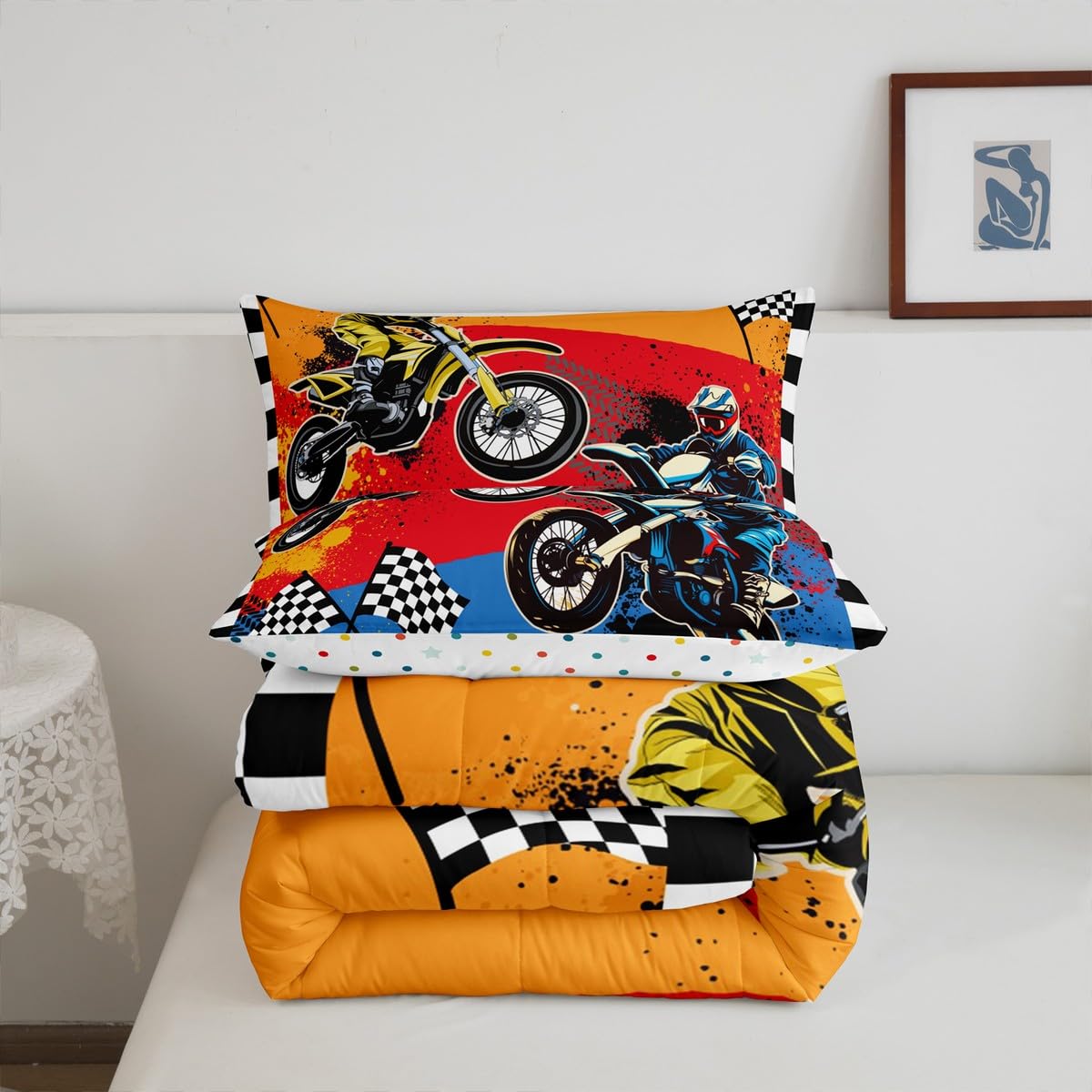 Feelyou Boys Dirt Bike Comforter Set Twin,Motocross Rider Bedding Set,Black White Buffalo Plaid Duvet,Cool Sport Car Quilted Comforter Motorcycle Bedding for Kids Teens Bedroom Decor