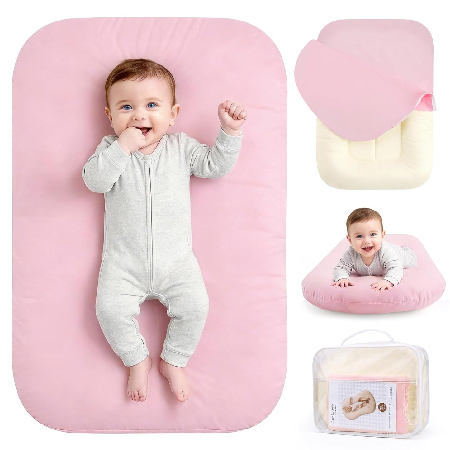 Skiennix Infant Support Cushion - Portable Baby Lounger & Tummy Time Mat, Soft Cotton, Waterproof (Pink)