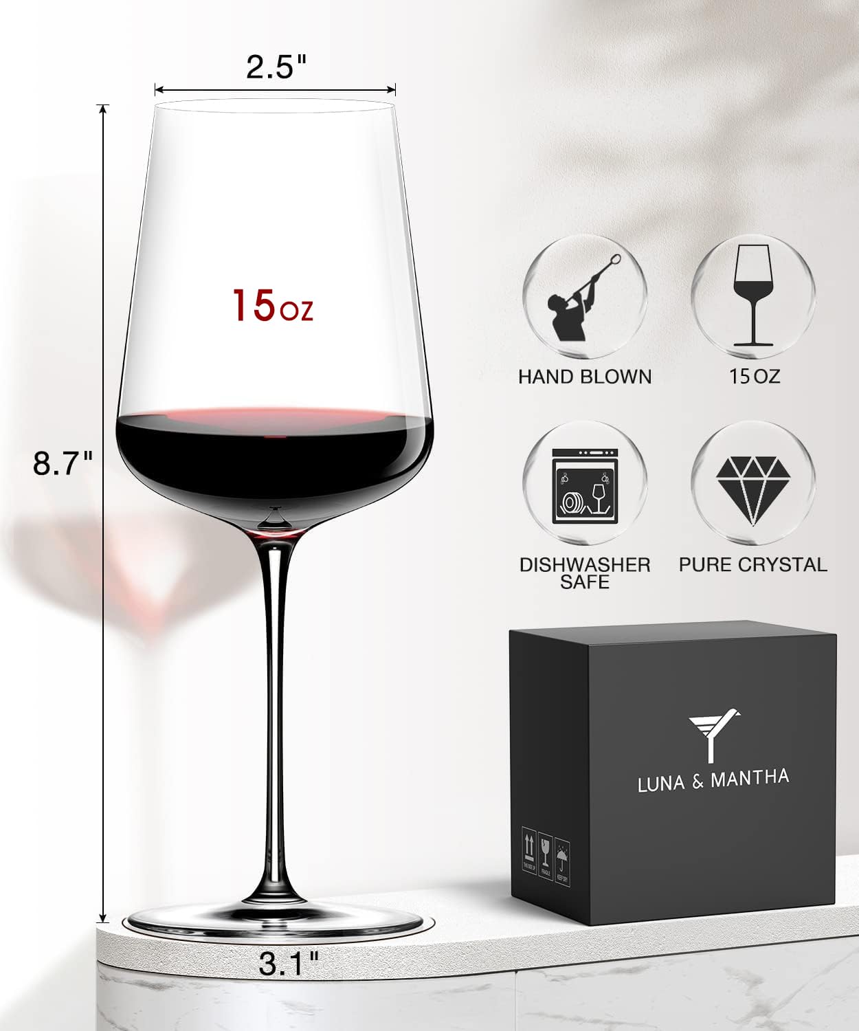 LUNA & MANTHA Red Wine Glasses Set of 1, 15 oz Exquisite Hand Blown Crystal Wine Glasses