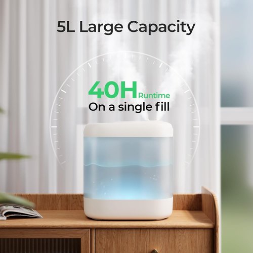 Homvana Humidifier - 5L Top Fill Cool Mist for Bedroom | Easy to Clean, Quiet 40H Runtime, Essential Oil Diffuser