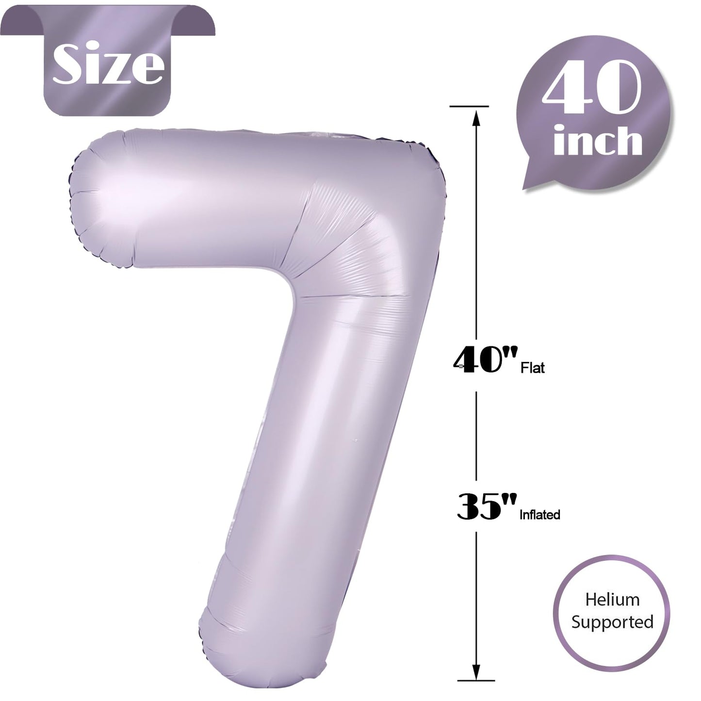 Lilac Number 7 Balloon 40 Inch, 7th Birthday Party Decorations for Children, Giant 7 Foil Balloon for Party Supplies