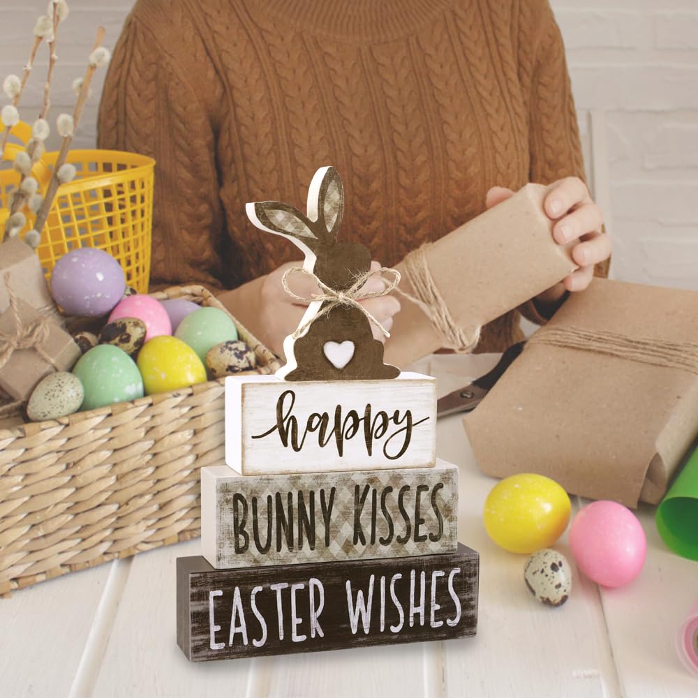 DIYDEC 4Pcs Easter Tabletop Decorations Bunny Wooden Block Signs Gift Rustic Tiered Tray Decor Happy Easter Centerpiece Farmhouse Wood Rabbit Table Sign for Kitchen Home Office Party Decor