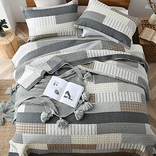 Queen Size 100% Cotton Patchwork Quilt Set - Reversible Bedspread, Grey/Tan/Black, 3 Pieces by DUOHONG