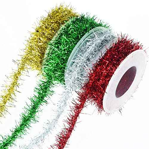 Tongcloud 4 Rolls Christmas Tinsel Ribbon Metallic Wire Garland Tinsel Wire Garland Metallic Glitter Ribbon for Christmas Wedding Birthday Party