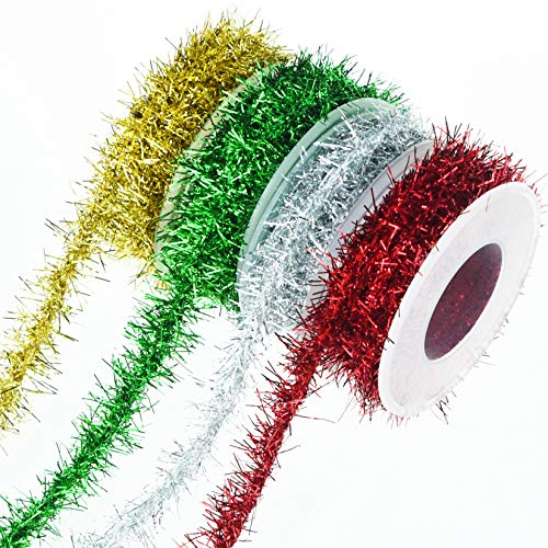 Tongcloud Metallic Tinsel Ribbon Set - 4 Rolls 9.8ft Christmas Garland in Gold, Red, Green, Silver