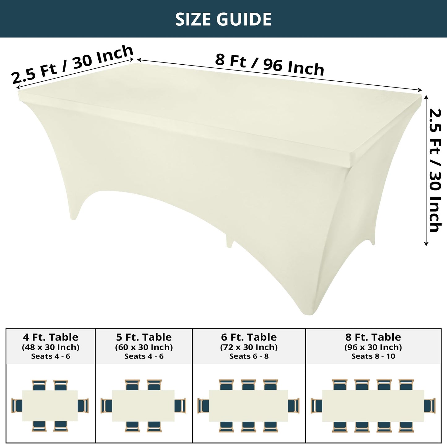 Utopia Kitchen Spandex Tablecloth 2 Pack [8FT, Ivory] Tight, Fitted, Washable and Wrinkle Resistant Stretch Table Cloth Rectangle Cover for Trade Show, Weddings & Parties [96Lx30Wx30H Inch]