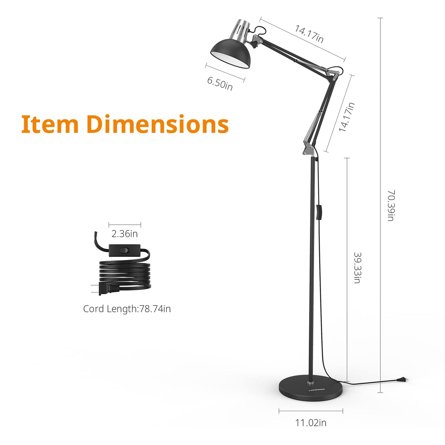 LEPOWER Floor Lamp, Swing Arm Floor Standing Lamp, Industrial Floor Lamp with Heavy Metal Base, E26 Lamp Base Floor Light, Modern Reading Lamp for Living Room, Bedroom, Study Room, Office Black