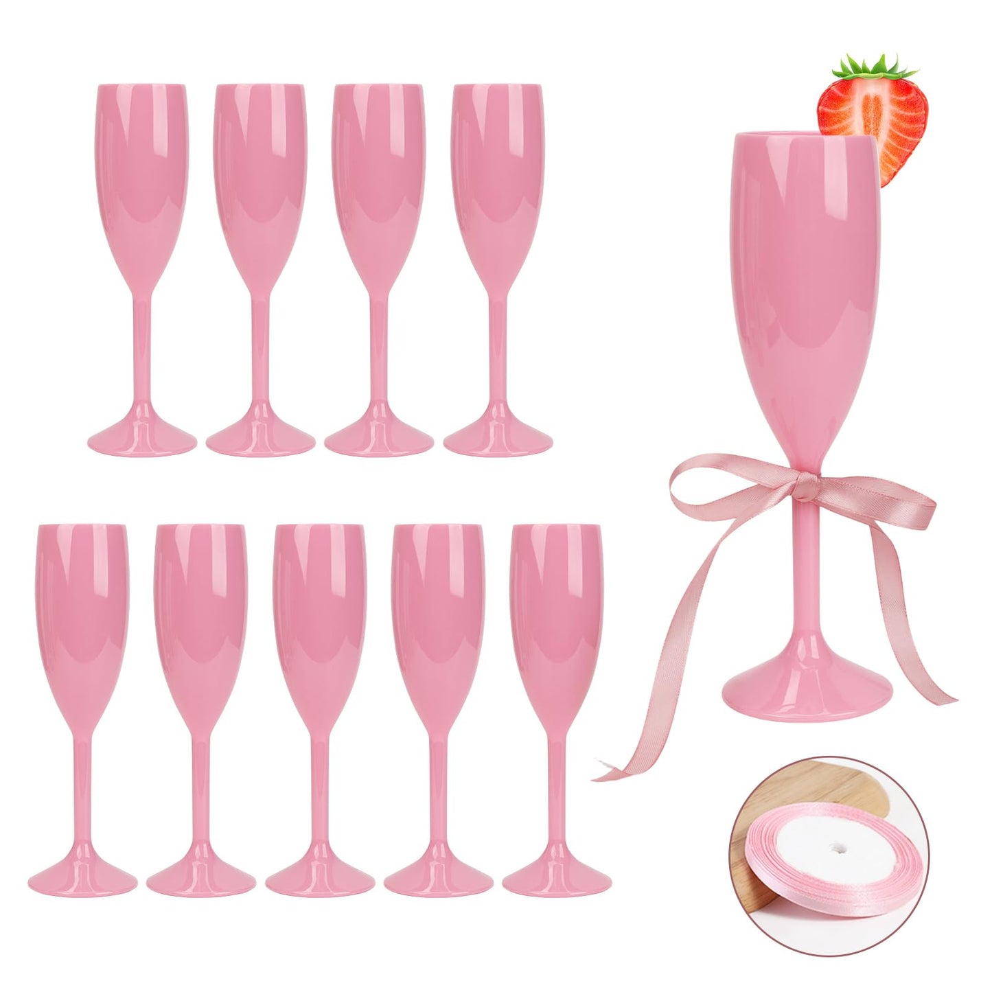 KUK 10 Pack Plastic Pink Champagne Flutes Acrylic Champagne Glasses Wedding Toasting Goblet with Satin Ribbon Nano Tape Reusable Unbreakable Champagne Cups for Bachelorette Bridal Shower Party