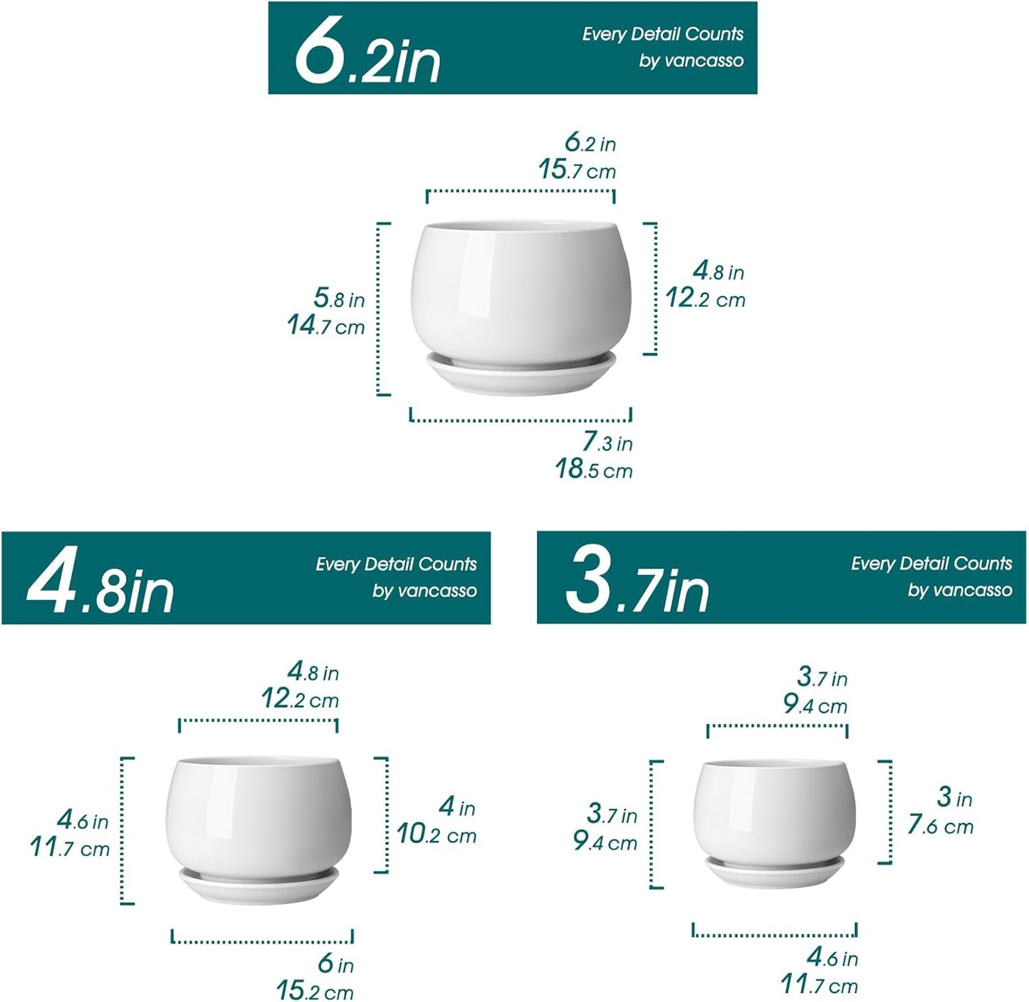Vancasso Ceramic Plant Pots - 3-Pack Indoor Planters with Saucers & Drainage Holes | White, 3.7-6.2 Inch
