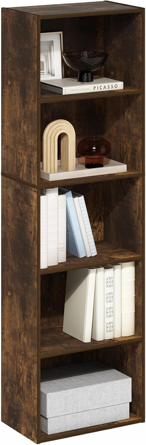 Furinno LUDER 5-Tier Bookshelf - Easy Assembly Bookcase with Open Shelves | Amber Pine, 9.4 x 15.8 x 52