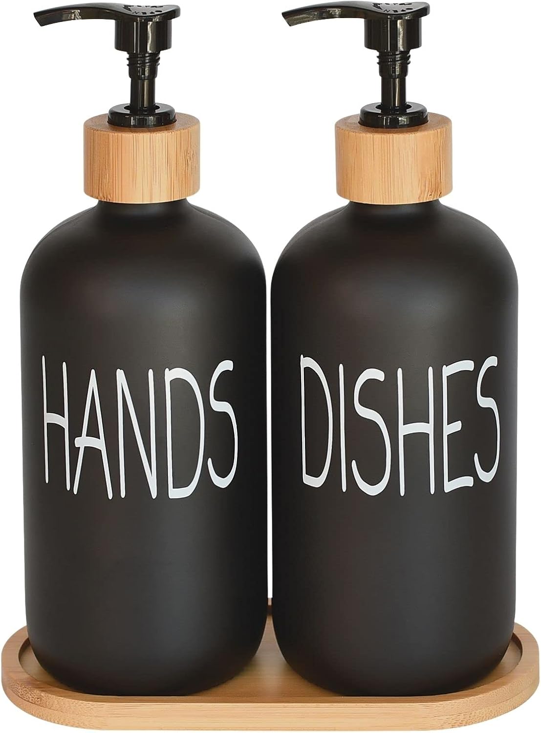 Skiennix Glass Soap Dispenser Set - Vintage Pump with Bamboo Tray for Kitchen & Bathroom | Matte Black