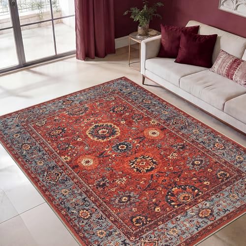 Vintage Washable Entryway Rug 3x5 ft Red & Turquoise - Non-Slip, Low Pile