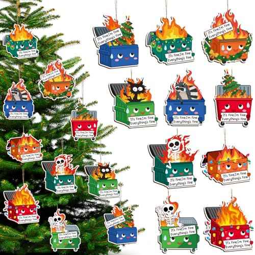 Syhood 10 Pcs Christmas Dumpster Fire Ornament Everything is Fine Christmas Tree Hanging Decoration Emotional Support Dumpster Fire Decor Employee Appreciation Gift for Xmas Team Coworker, 10 Styles