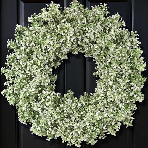 Large Artificial Boxwood Wreath for Front Door Decoration 32-Inch White-Green - All Year Round