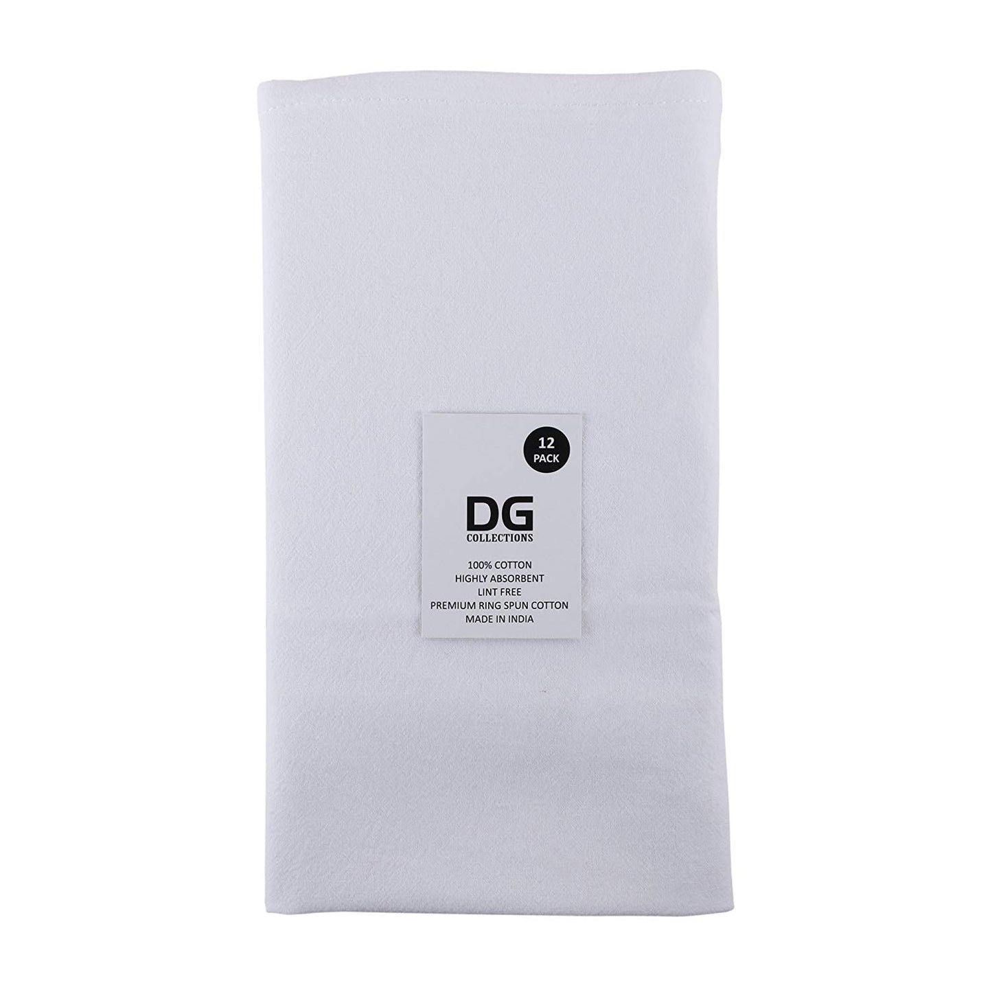 DG Collections 100% Cotton Flour Sack Towels – 12 Pack, 27x27 Inches, White, Lint-Free, Pre-Washed, Hemmed Edges – Reusable Kitchen Towels for Cleaning, Embroidery, Printing & Crafts - White