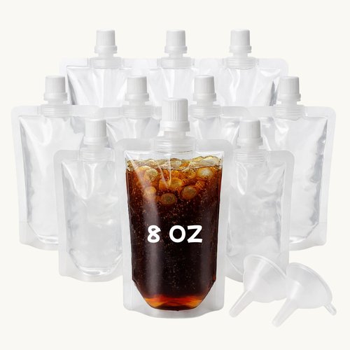 Hidden Plastic Flasks for Liquor – Reusable & Collapsible Alcohol Pouches, Leak-Proof Clear Plastic Flask for Travel, Cruise & Concerts, BPA-Free, Food-Grade, 10 Pack 8oz with 2 Funnels