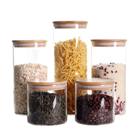 Large Glass Flour and Sugar Containers with Airtight Lids, 2 Pack 1.2 Gallon Flour and Sugar Jars with Wooden Lids, Sugar Canisters Set for Food Storage