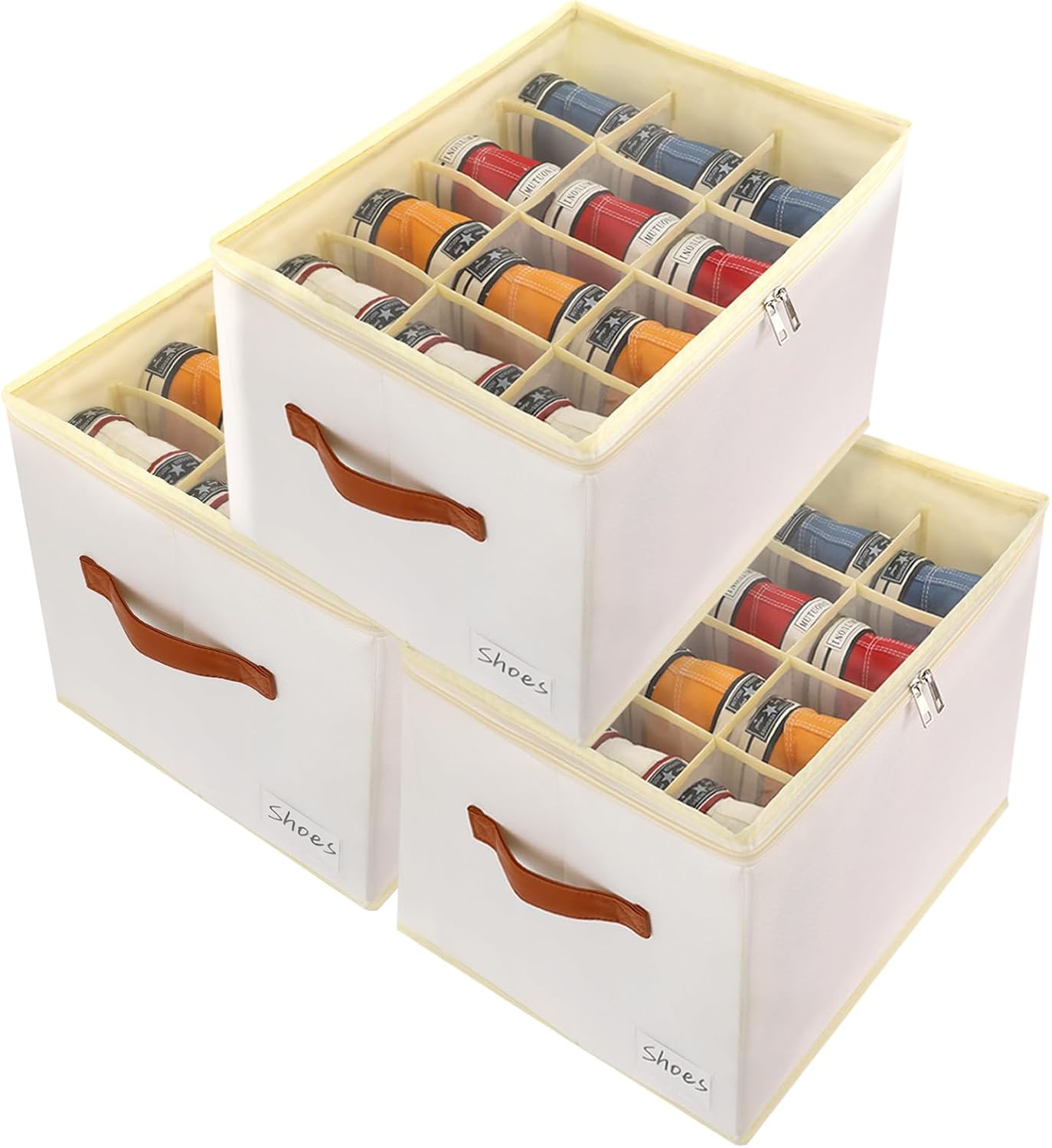 Patinao Shoe Storage Box Organizer - 3 Pack Stackable Clear Lids | 36 Cell Space Saver for Closet