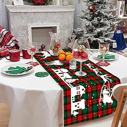 Tipbrol Believe Christmas Buffalo Plaid Table Runner - 72 Inch Burlap Red Green Snowman Pattern