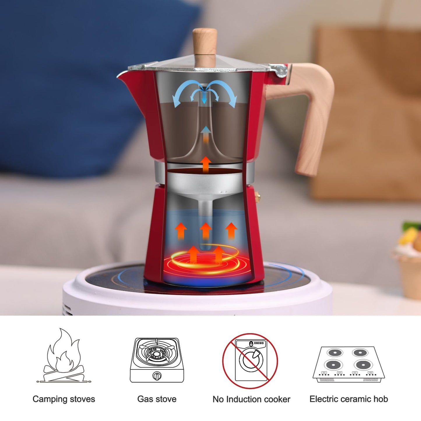 Sivaphe Aluminum Moka Pot 9 Espresso Cups, Percolator Espresso and Coffee Maker, Portable Stovetop Italian and Cuban Café Brewer for Home and Camping Red
