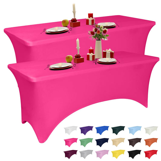 2 Pack 6 Feet Fuchsia Spandex Tablecloth for Rectangular Tables, Fitted & Stretch, Washable, Wrinkle Resistant, Perfect for Event, Wedding, Party, Banquet, Cocktail, Festival, and Table Protector