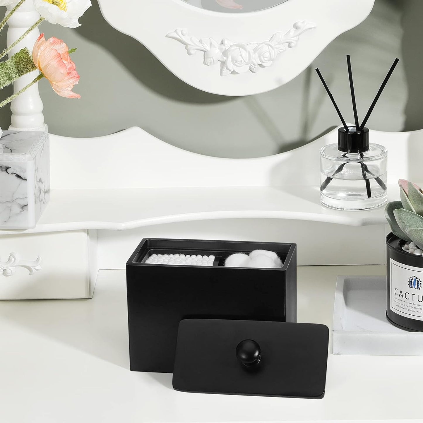 Luxspire Cotton Swab Holder - Stylish Qtip Dispenser with Lid & 2 Compartments | Matte Black Bathroom Organizer