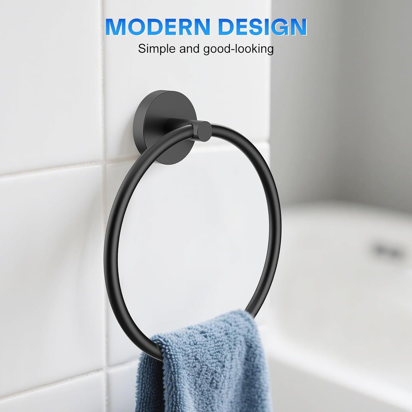 Skiennix Hand Towel Holder - Matte Black Stainless Steel Towel Ring for Bathroom Wall | Round Design