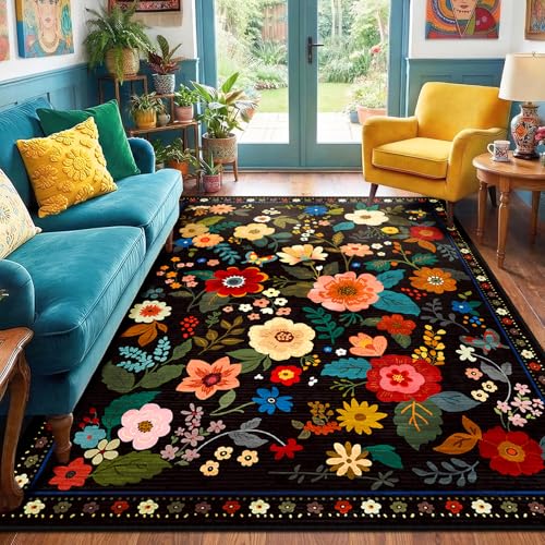 RELEANY Black Floral Washable 6x9 Area Rug - Non-Slip Boho Living Room Carpet