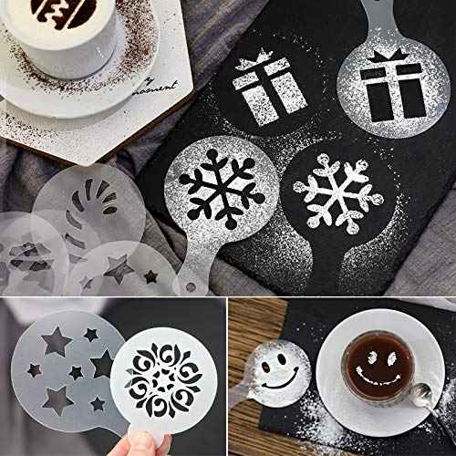 44 Coffee Stencils+2 Mesh Powder Shakers+1 Coffee Latte Art Pen, Coffee Decoration Stencils Coffee Art Templates Coffee Mold Tool for Christmas Thanksgiving Cake Coffee